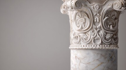 Naklejka premium Architectural detail of a classic white marble column with intricate decorative carvings. Corinthian pillar capital representing history, luxury, and ancient artistic craftsmanship.