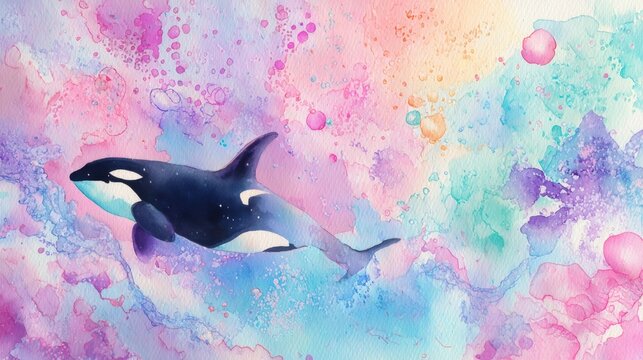 Orca swimming in abstract colorful ocean. Artistic watercolor painting of killer whale in vibrant water with splashes. Fantasy marine life illustration for creative design project.