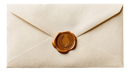 Cream envelope with golden wax seal, isolated on transparent background © Maria