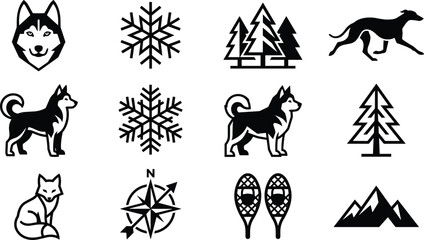 Winter Wildlife and Outdoor Adventure Icon Set Featuring Husky Dogs Fox Snowflakes Pine Trees Navigation Compass Snowshoes and Mountain Peak Symbols © Icon Designs