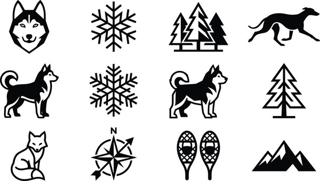 Winter Wildlife and Outdoor Adventure Icon Set Featuring Husky Dogs Fox Snowflakes Pine Trees Navigation Compass Snowshoes and Mountain Peak Symbols