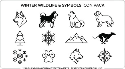 Winter Wildlife and Symbols Icon Pack Featuring Husky Dogs Wolf Snowflake Mountain Trees Compass and Paw Print Monochrome Vector Assets © Icon Designs