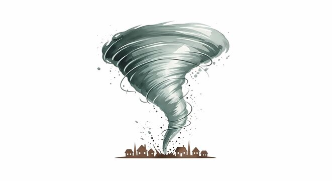 Violent tornado spinning with intense wind vortex power approaching small rural houses during severe storm weather events across the landscape causing massive destruction to homes and local