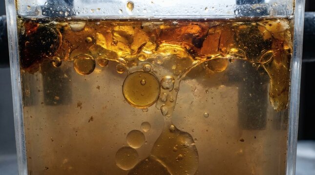 Close-up of golden brown oil globules and droplets separating in cloudy water within a clear glass container, illustrating immiscibility and fluid dynamics.