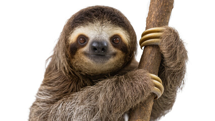 Fototapeta premium Brown-throated sloth clinging to a tree branch, isolated on transparent background