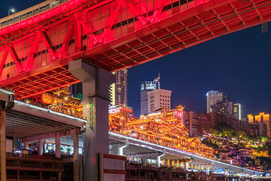 Chongqing, China - May 9, 2026: Hong ya dong at twilight, Beautiful Ancient building in Chongqing