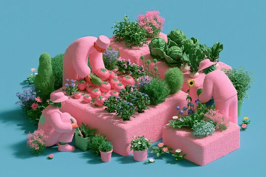 People Harvesting Vegetables in Urban Rooftop Garden, Pink 3D Sustainable Farming Illustration