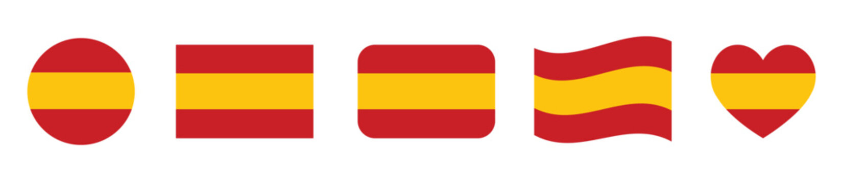 Set of spain flag icons in various shapes isolated on transparent background