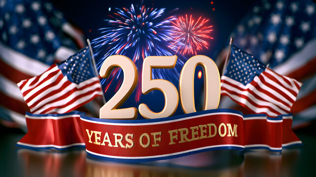 A close-up of a festive design celebrating 250 Years of Freedom, featuring fireworks, national flags, and a ribbon banner for the years 1776 to 2026, designed for an anniversary celebration and patrio