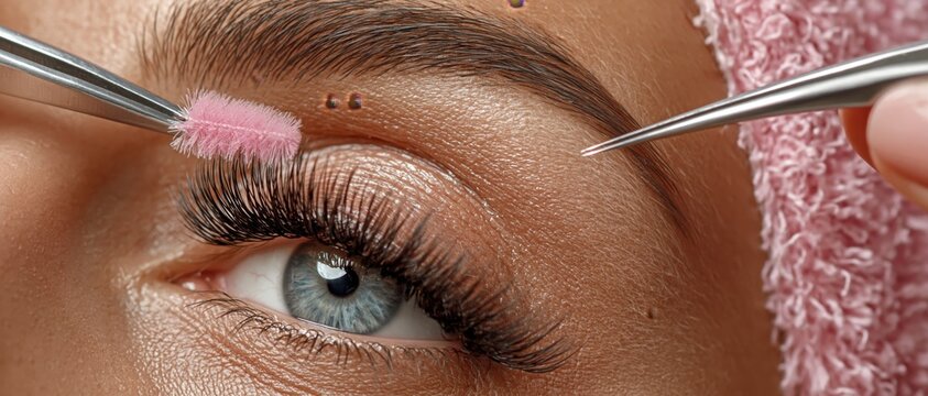 A close-up view shows precise eyebrow grooming tools against a soft skin background, highlighting meticulous beauty care.
