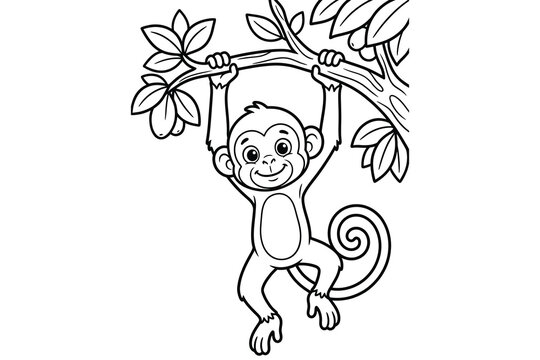 Happy little monkey hanging from tree branch cartoon coloring page for children with coloring wildlife activity.