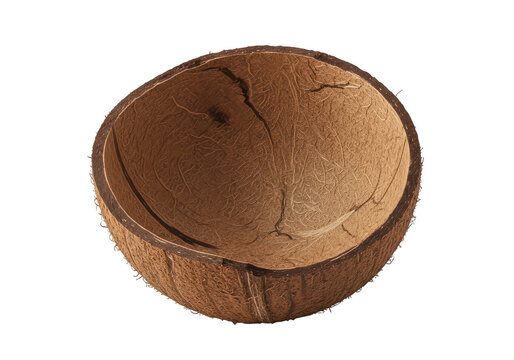 Empty brown coconut shell half isolated on a plain surface for healthy food and tropical theme isolated on transparent background