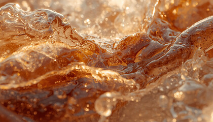 Obraz premium Dynamic splash of cola or coffee drink close up, abstract golden brown fluid wave background