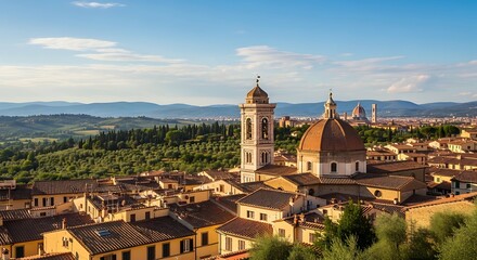 Fototapeta premium Historic cityscape with dome and bell tower under blue sky