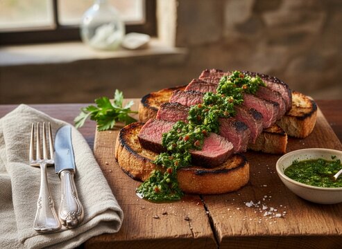 Slices of roast beef with chimichurri sauce, served with grilled bread