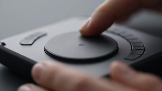 Close-up of finger interacting with a digital drawing tablet dial and buttons
