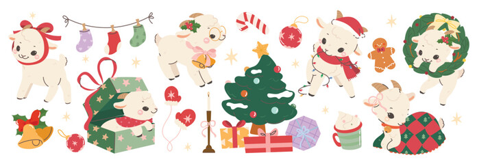 Fototapeta premium Cute goat Christmas and New Year vector set. Kawaii goat characters with festive holiday items, Christmas tree, decorative string lights, gifts, ornaments and happy celebration elements.