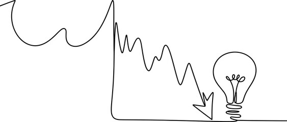 Continuous single line drawing of a business decline graph chart going down with a light bulb idea symbol at the end representing loss of creative thought Vector, illustration © Vector Line Drawing