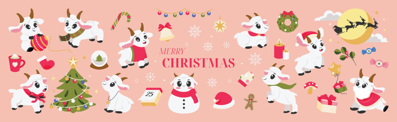 Fototapeta premium Cute goat Christmas and New Year vector set. Kawaii goat characters with festive holiday items, Christmas tree, decorative string lights, gifts, ornaments and happy celebration elements.
