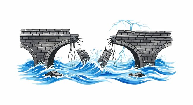 Collapsed Stone Bridge Over Stormy Water Hand Drawn Illustration Disaster