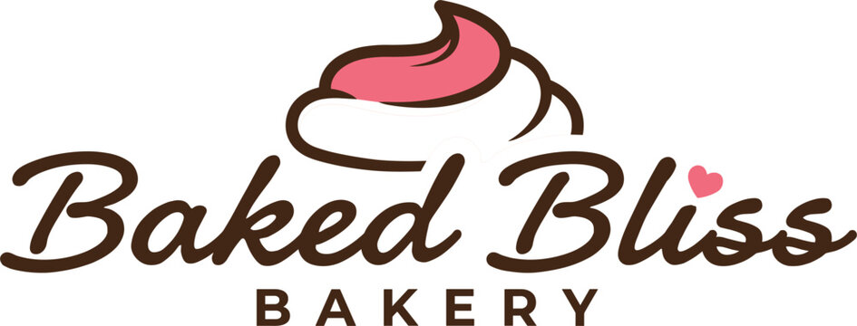 Baked Bliss bakery logo template featuring cute pink frosting swirl and elegant cursive brand text