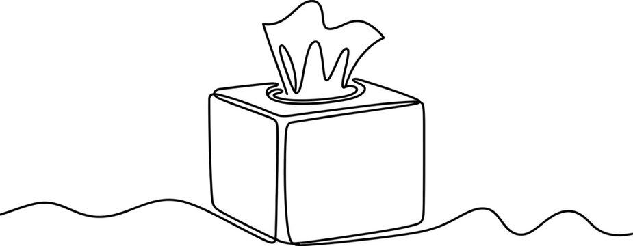 Continuous line drawing of a square facial tissue box with one paper napkin pulling out for hygiene and cleaning in a simple minimalist black and white style Vector, illustration