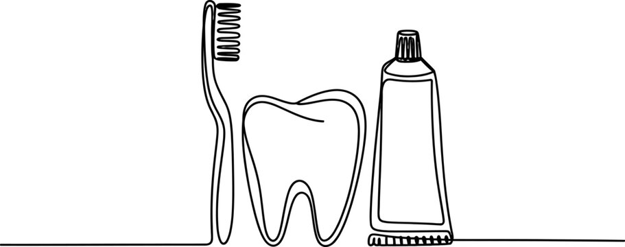 Continuous single line drawing of a toothbrush a tooth and a tube of toothpaste for dental health care and hygiene concept in a simple minimalist style Vector, illustration