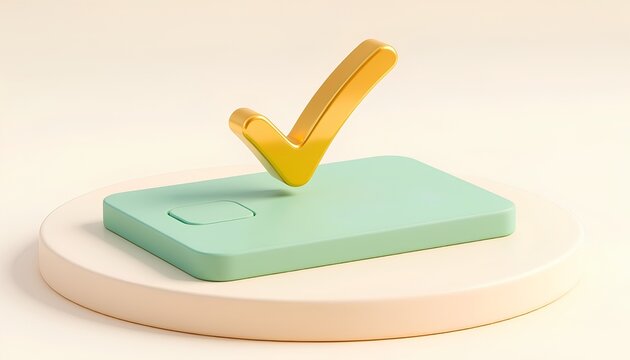 3D illustration of a flat pastel mint green minimalist credit card with a hovering glossy gold checkmark icon on a podium, digital payment and approved finance concept