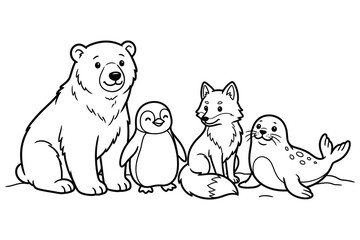 Group of cute cartoon arctic animals including bear penguin fox and seal coloring page with wildlife, coloring. © emon17201