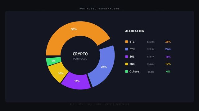 Full UI dashboard user interface screen showing crypto portfolio rebalancing with 3D pie chart and live data allocation ledger.