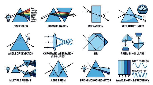 Light Prism Physics Diagrams: Dispersion, Refraction, Aberration, TIR