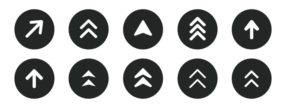 Swipe up arrows icons set, different black upward arrow signs, scroll gesture symbols, social media button interface vector elements for web design.