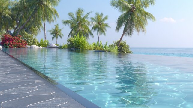 Serene infinity pool overlooks expansive turquoise ocean under bright tropical daylight