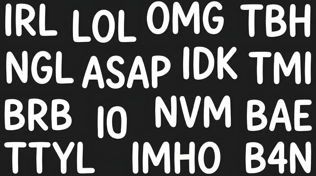 Internet slang acronyms on black, isolated on transparent background, representing modern digital communication.
