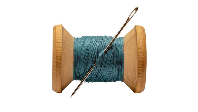 Wooden spool with teal thread and metal needle, isolated on transparent background