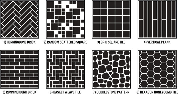 Seamless masonry pattern set with herringbone running bond basket weave and hexagon stone paving silhouettes.