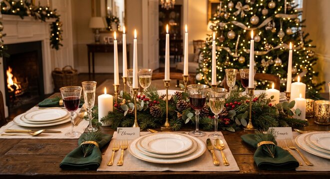 타오르는 양초와 고급스러운 식기로 장식된 아늑한 크리스마스 저녁 만찬 테이블 세팅
Luxury Christmas dinner table setting with burning white candles, elegant porcelain plates, and festive centerpiece