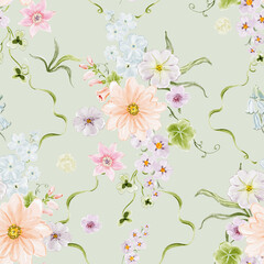 Fototapeta premium Hand Painted Wildflower Garden Seamless Pattern with Pastel Botanical Flowers and Cottage Garden Blooms