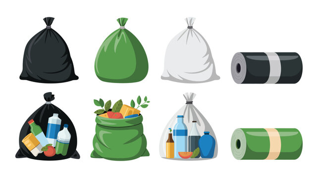 Trash bags set illustration, different waste type garbage bags and rolled liners, household waste sorting and recycling system