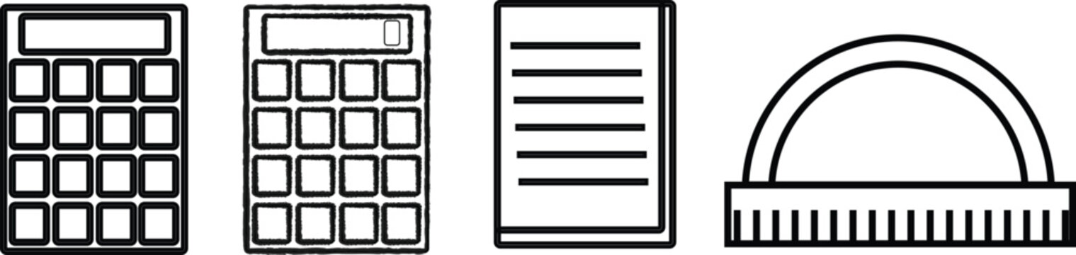 Minimalist black and white line art vector icon set of digital calculators lined paper document and mathematical protractor ruler
