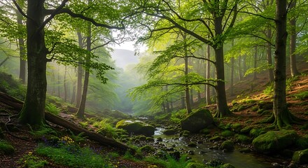 Obraz premium Lush green forest with sunlight streaming through trees and a small stream flowing