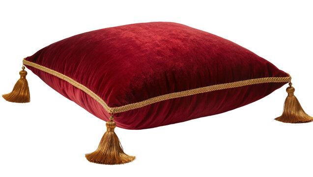 Rich red velvet cushion with gold trim and tassels, isolated on transparent background