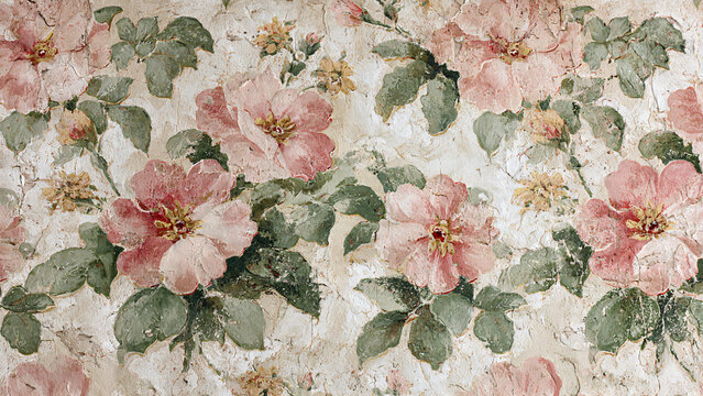 Old gray rusty vintage worn shabby patchwork floral flower leaves motif tiles stone concrete cement wall texture background banner