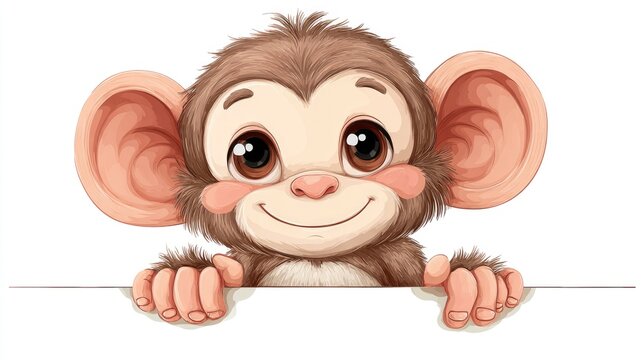 Smiling monkey peeking behind blank sign, cartoon illustration