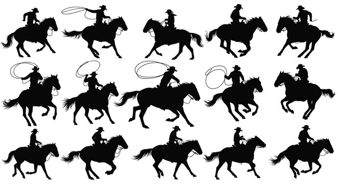 Cowboys riding horses with lassos in a rural landscape scene outdoors