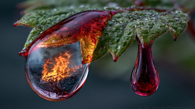 Vivid contrast of a pure water droplet and a fiery bushfire refraction inside a fluid drop on a detailed leaf structure