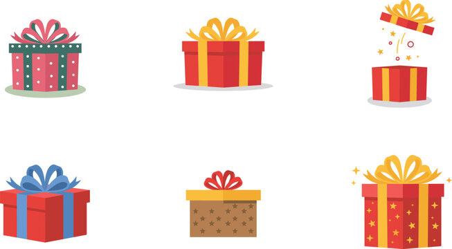 Festive Christmas gift boxes collection. Popping surprise present with confetti. Decorative holiday packaging icons. Birthday celebration vector elements.