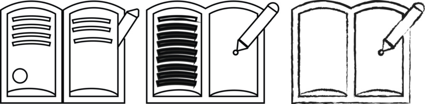 Hand drawn doodle illustration of open notebook pages with pencils for writing and journaling templates set