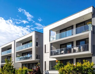 Fototapeta premium Modern apartment buildings with balconies against a blue sky