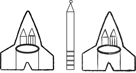 Minimalist black and white sketch illustration of geometric rocket ships and abstract space shuttle design icons © Teacher Ornament 